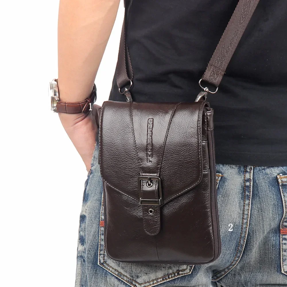 Genuine Leather Small Messenger Shoulder Cross Body Bag For Men Cell Mobile Phone Case  Male  Fanny Waist Pack Hook Belt Bag