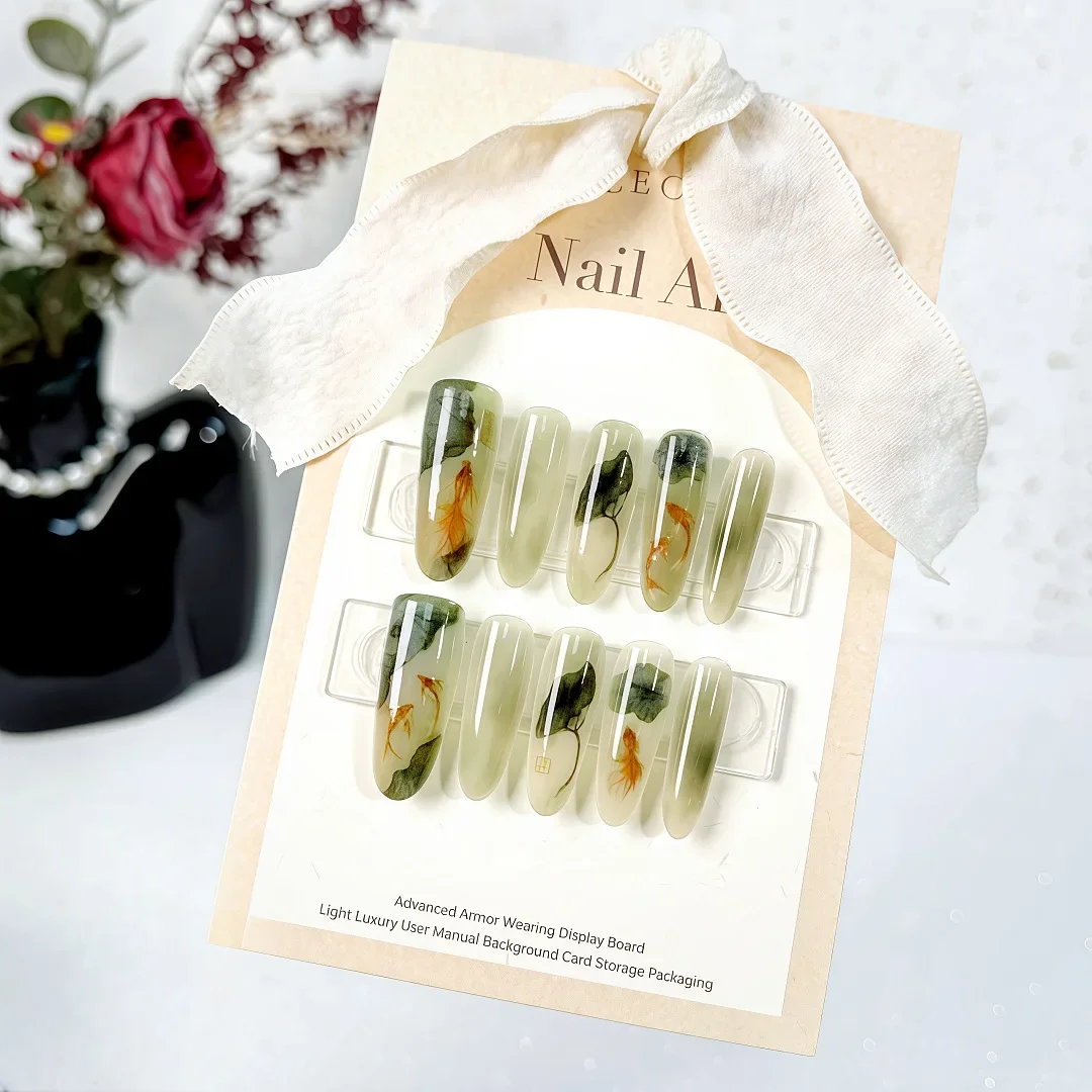 

10pcs/set Glossy Long Squoval Press on Nails Fish Lotus Flower Pattern Fake Nails with Reusable False Nails for Women Party Wear