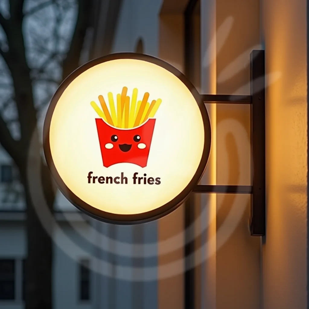 กล่องไฟ LED อะคริลิคทรงกลมแบบกำหนดเอง รูปทรงเฟรนช์ฟรายส์ สำหรับติดตั้งหน้าร้าน กันน้ำ สองด้าน ป้ายธุรกิจสำหรับภายนอกอาคาร ติดผนัง