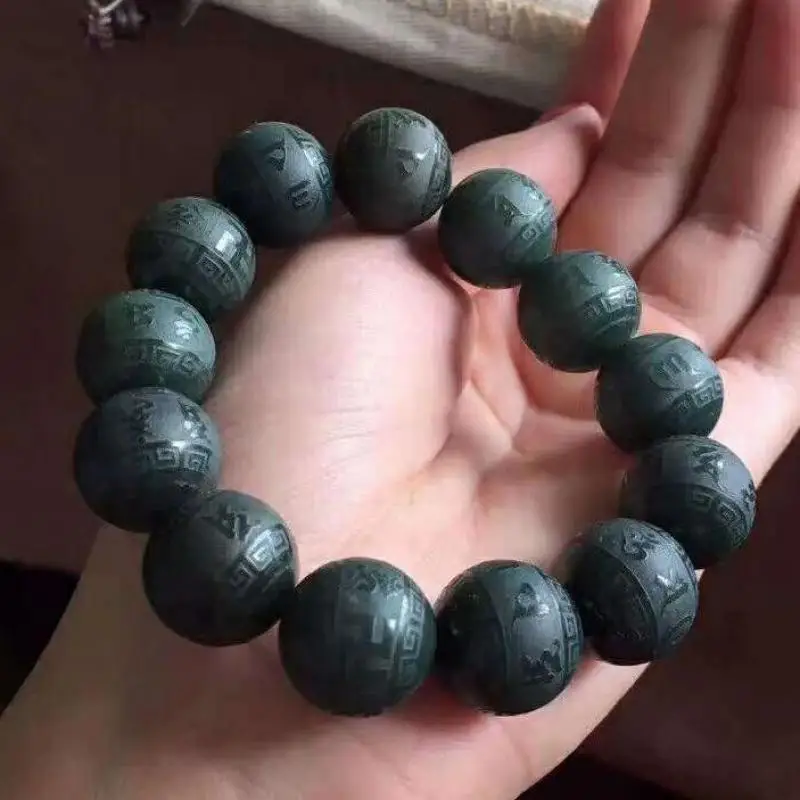 

16 мм натуральный нефрит зеленый нефритовый браслет для мужчин и женщин натуральный китайский нефрит Хэтянь шесть символов мантра резьба бусины браслеты