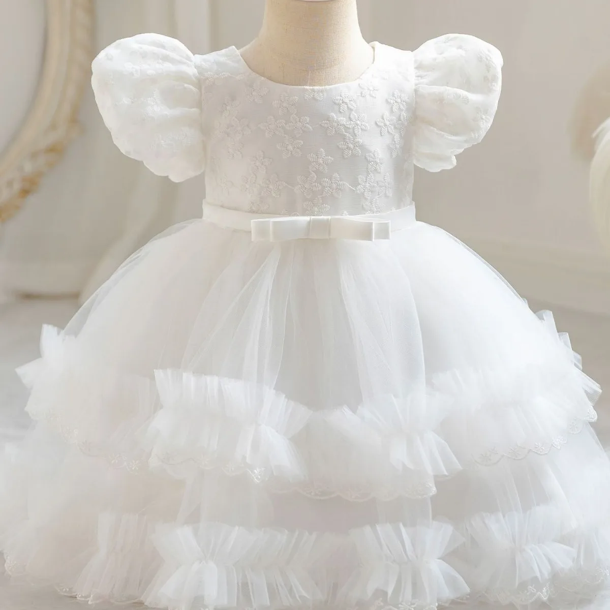 2024 New Children Girls Party Dress for Kids Short sleeve Solid Child Clothes Flower Girl Birthday Princess Dress Dance 1-3Y