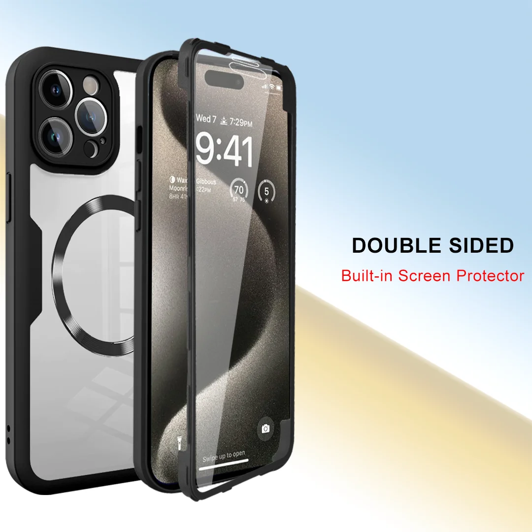 360 doppelseitige, vollständig schützende magnetische Handyhülle für iPhone 15 14 12 13 11 Pro Max 16 Plus mit Displayschutzfolie, klare Abdeckung – Detail 1