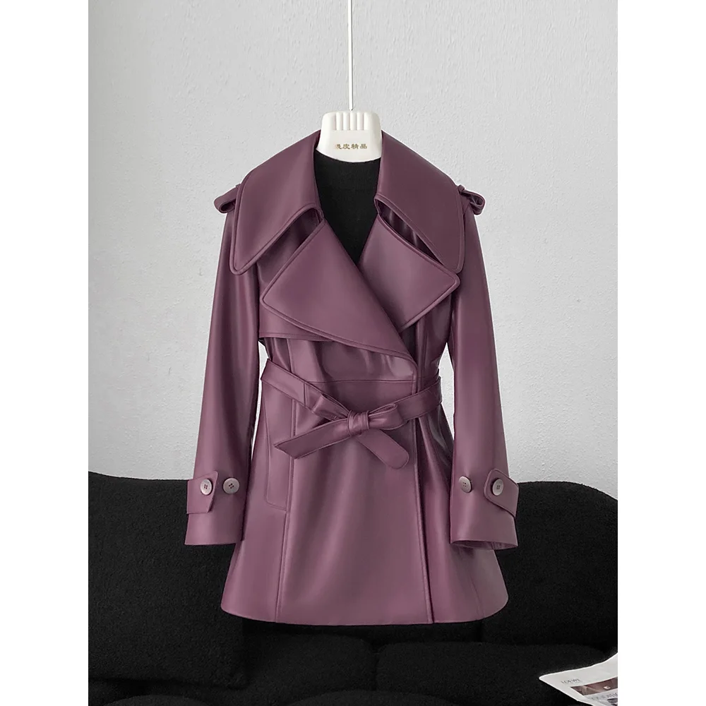 Genuine Leather Jacket For Women Plus Size 2025 Mid-length Spring And Autumn Fashion Brand Belt Lapel Short Trench Coat