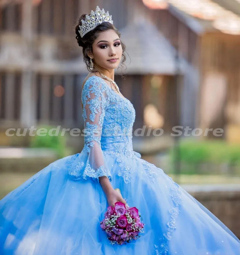 Quince XV Gaun Quinceanera Biru Muda Applique Renda Lengan Panjang Manis 16 Gaun Leher V Vestidos De 15 Años