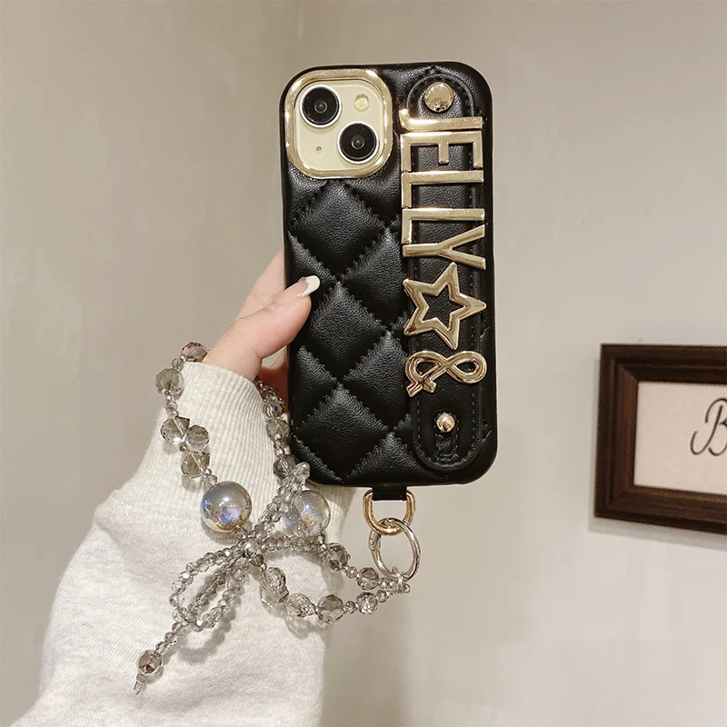 

Diamond pattern crystal bracelet customized English letter leather case Phone case for iPhone16Promax 15 14 13 Plus simple girl