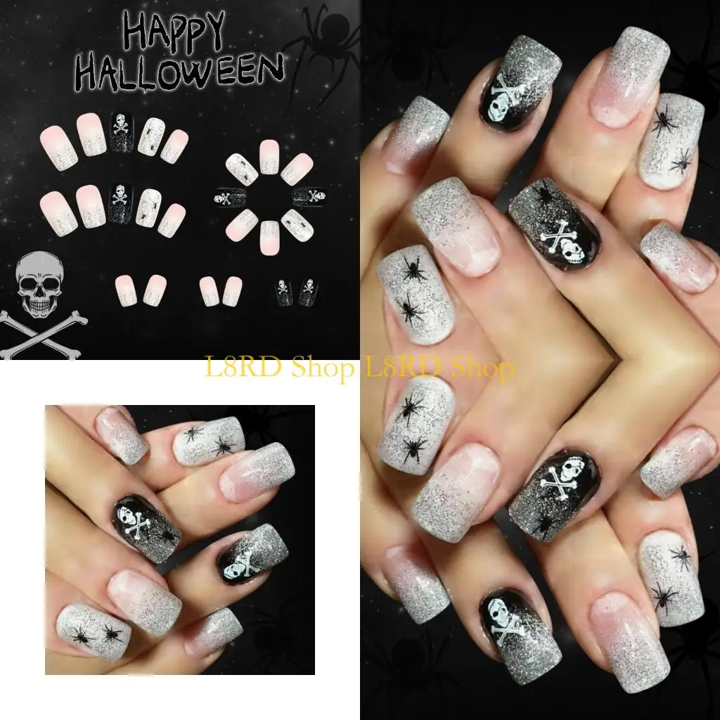 L8RD Halloween Press on French Tips Fake Acrylic Square False Glues on on for Womens