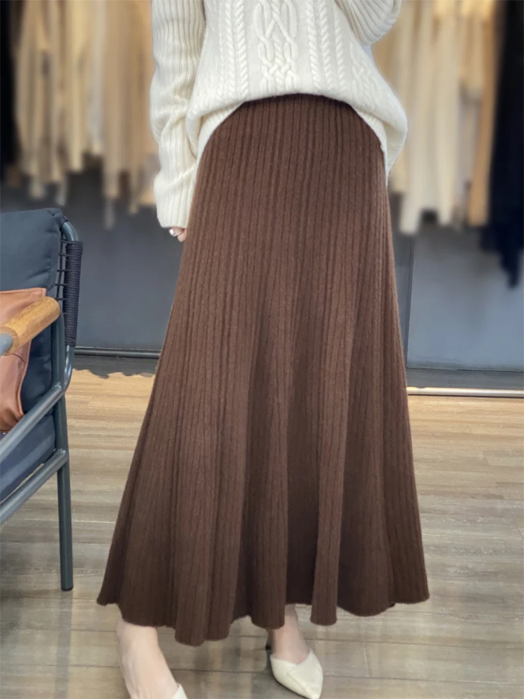 Devin High Quality Women Long Pleated Skirt Autumn Winter Cashmere Skirt 100% Merino Wool Knitwear Office Lady Grace Dress