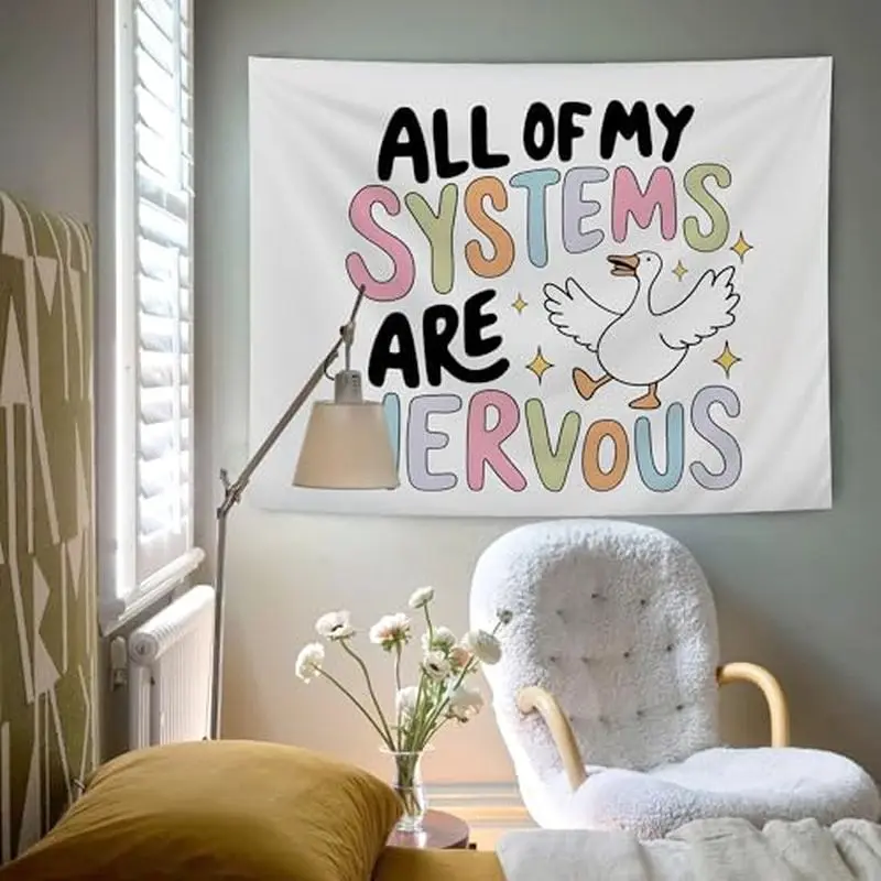 Funny Cartoon Duck Slogan Tapestry Wall Hanging, Colorful Letter Aesthetic Decor for Dorm Bedroom Home Decor