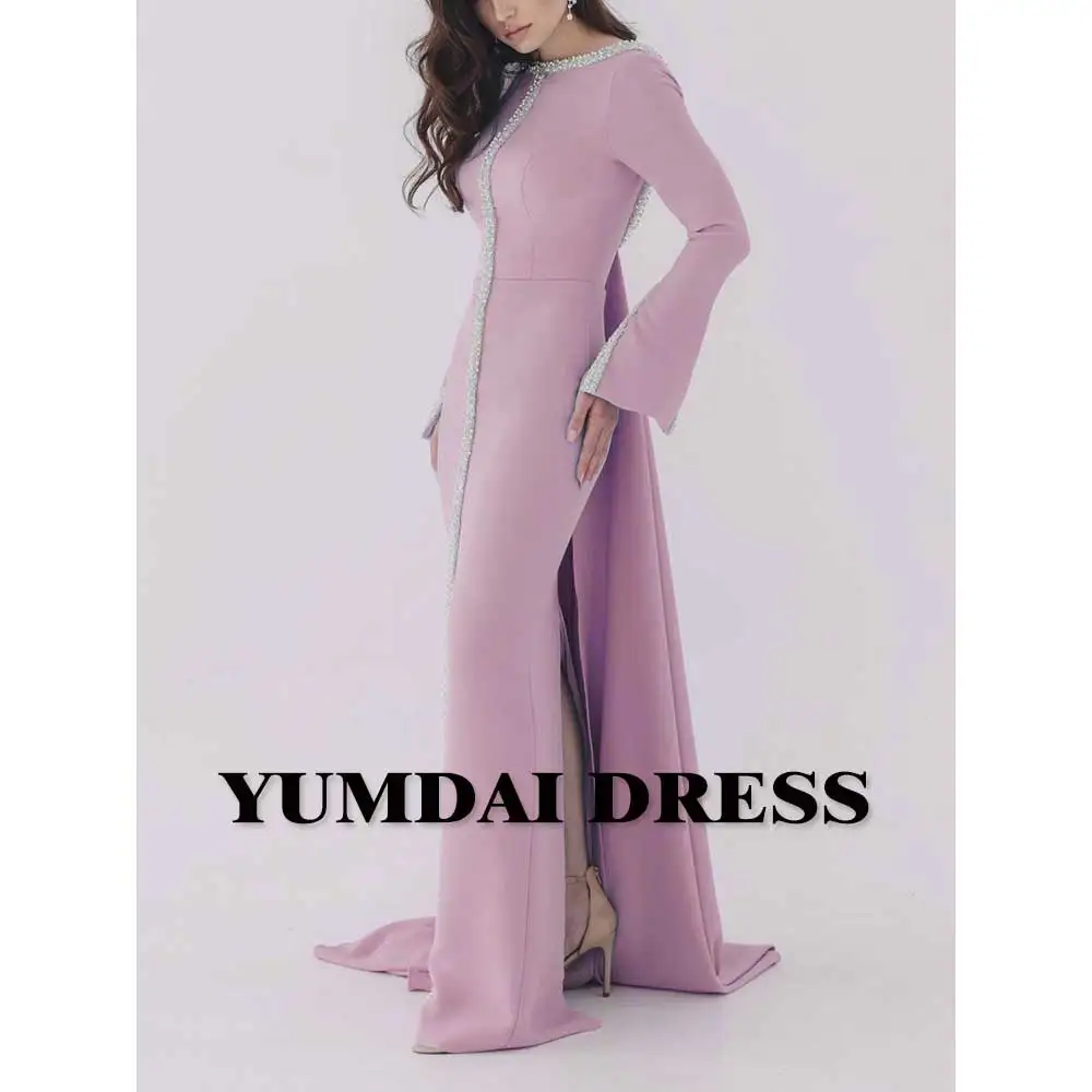 YUMDAI Luxurious Dubai Pink Backless Evening Gown 2023 Wedding Bridesmaid Dress Prom Party Guest Long Sleeve Formal Mom Gown