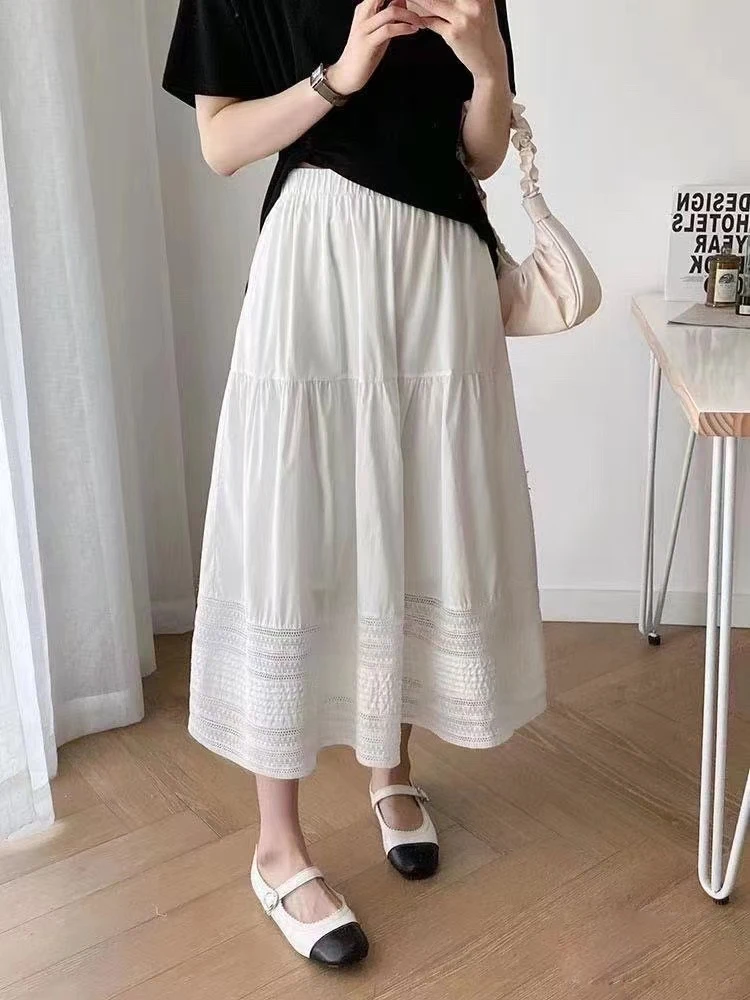 

High Waist Lace f Skirt Women's Spring 2024 New Sle A-Line Midi Skirt Cotton Blend Flared Design Korean Commute Pure Color