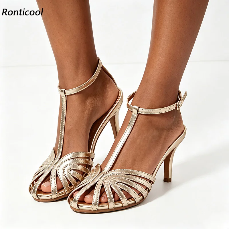 Handmade Women's T-strap Sandals -Thin High Heel Shoes With Ankle Straps Pretty Gold Party Shoes Ladies US Plus Size 5-20
