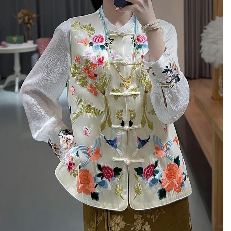 

High Quality 2024 New Acetate Satin Chinese Style O-Neck Single Breasted Women's Palace Embroidered Fashion Vest S-XXL