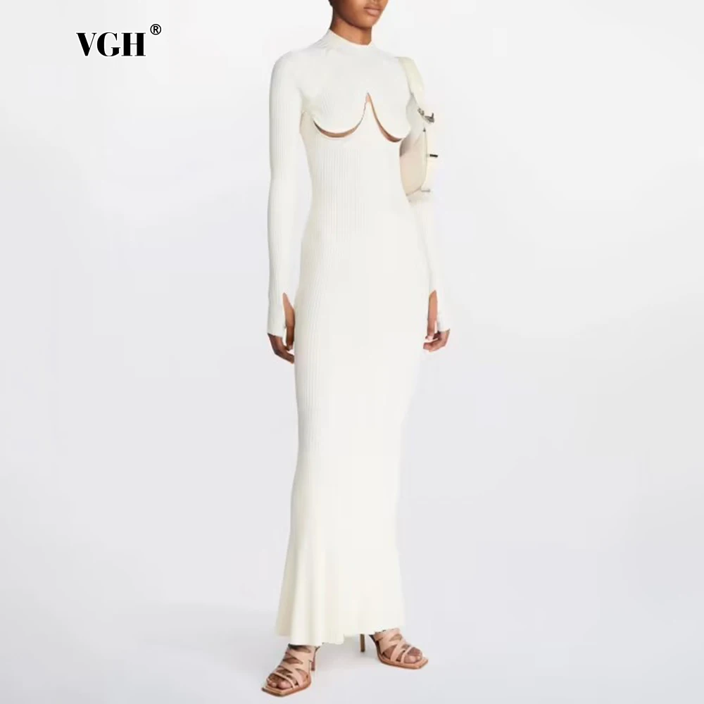 VGH Sexy High Street Solid Cutout Design Dresses for Women O Neck Long Sleeve Split Curvy Catwalk Knit Maxi Dress Female Winter