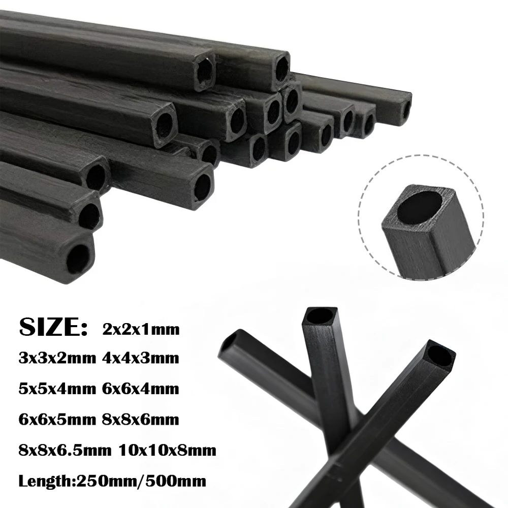 1/2/3pcs Carbon Fiber Square Tube 2mm 3mm 4mm 5mm 6mm 8mm 10mm OD X 250/500mm Lightweight High-Strength for DIY Drones & Models