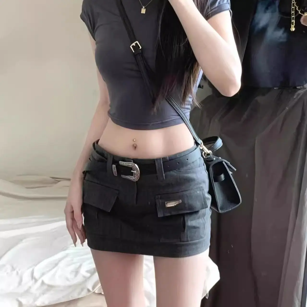 Spice Girl Y2k Mini jupe de hanche jupes cargo grises taille haute pour femme avec poches