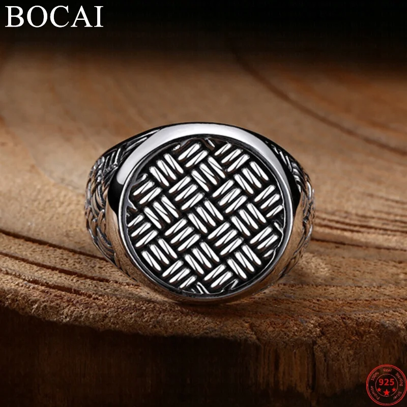 

BOCAI S925 Sterling Silver Charms Rings for Men Women Retro Emboss Weaven Pattern Round New Fashion Punk Jewelry Free Shipping