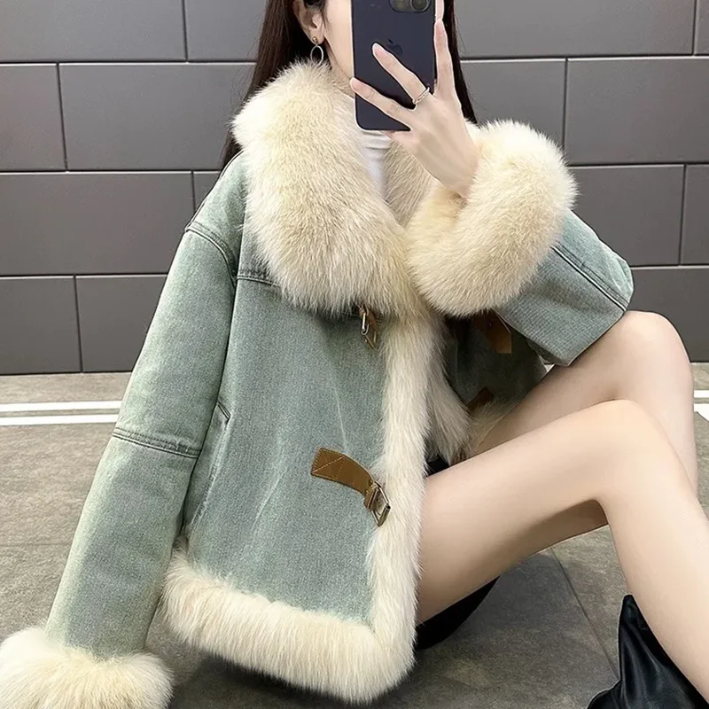 Imitation Fur Jacket Women\'s Denim Parker Clothing 2024 New Autumn Winter Short Down Jacket Fashion Loose Thick Warm Parker Coat