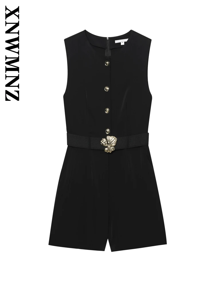 

XNWMNZ 2025 Spring New Female Commuting Casual O-Collar Sleeveless bodysuit Vintage Summer Woman's Short Pants Fashion with belt
