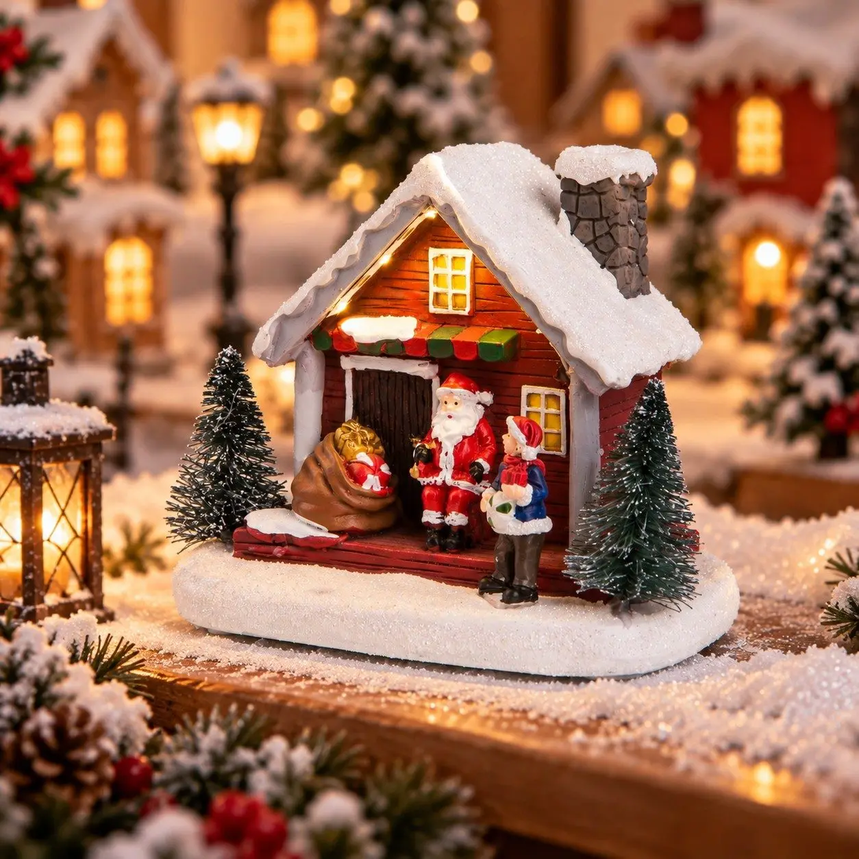 Weihnachtsdorf-Szene Schneehaus Beleuchtete Weihnachtsmann-Figur Hütte Weihnachtsbaum-Dekoration Warmes Licht Tischdekoration Weihnachtsdekoration – Detail 2