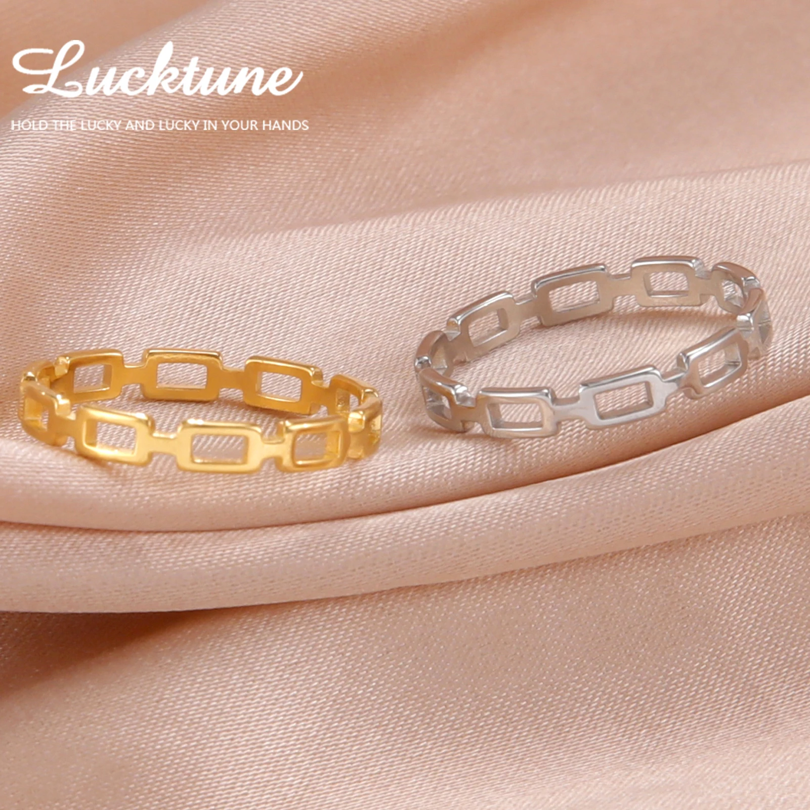 Lucktune Chain Link Shape Ring Stainless Steel Minimalist Stackable Ring for Women Fashion Kpop Jewelry Wedding Gift Wholesale