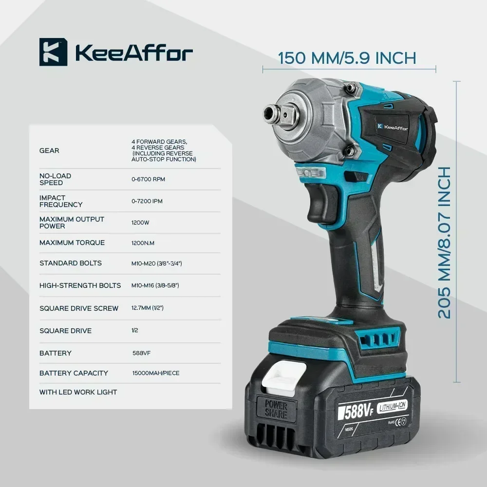 KEEAFFOR 1200N.M Torque Electric Impact Wrench Brushless 1/2 Inch Cordless Screwdriver Electric Drill For Makita 18V Battery