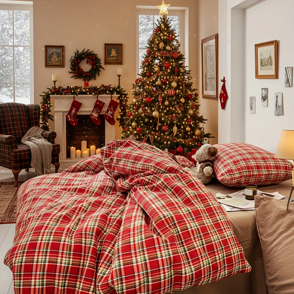 3/4pcs Christmas Bedding Set Retro Plaid Duvet Cover Soft and Comfortable Bedsheet Pillowcase for Single Double Bed Новый Год
