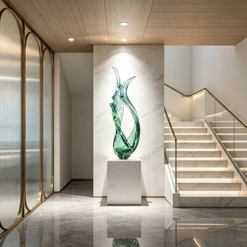 *#Q Hand-painted Artistic Intertwined Human Profile Transparent Resin Floor Statue Gradient Green Crystal Texture Home&
