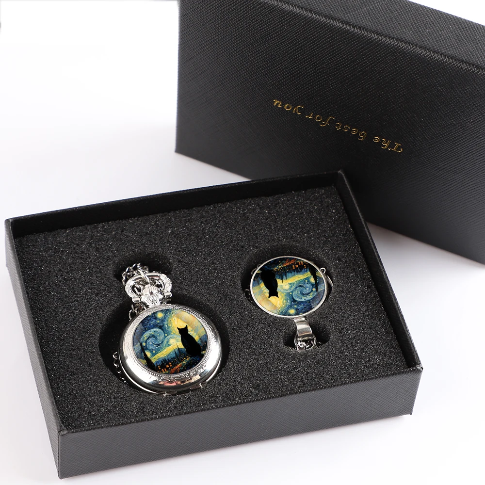 Set Hadiah Jam Saku Kelas Atas Dengan Kotak Desain Seni Kucing Langit Berbintang Van Gogh Kalung Aksesori Jam Untuk Hadiah