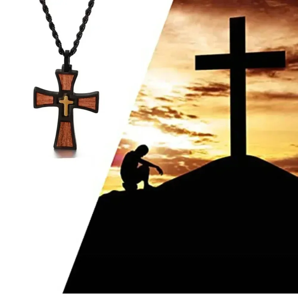Church Baptism Wood Cross Pendant Necklaces for Men Bible Stainless Steel Christian Religious Jewelry 24Inch Chain