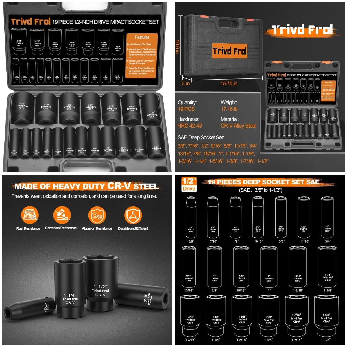 

SAE Impact Socket Set - 1/2' Drive, 19pc Deep Socket Set 3/8' to 1-1/2', Cr-V Steel, Double Lock Case