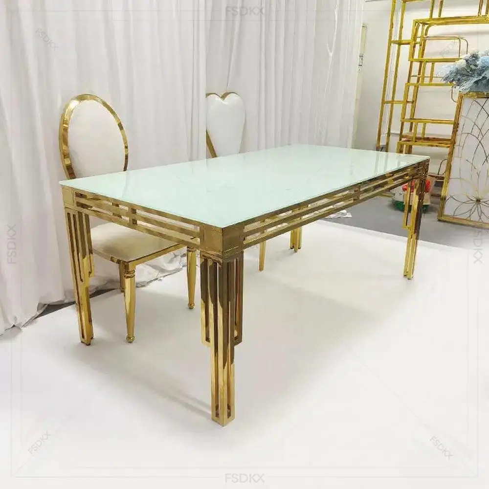 

FSDKX Modern design Glass top banquet table stainless steel feet dining room table sets hot sale