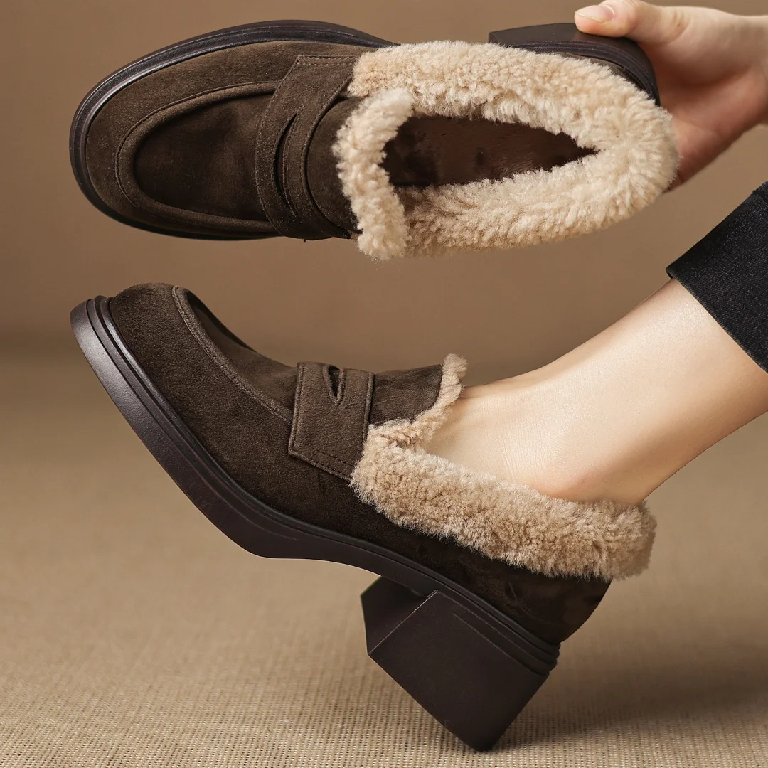 

Women's natural suede leather round toe short plush inside winter warm loafers 5cm chunky heel platform casual moccasins shoes