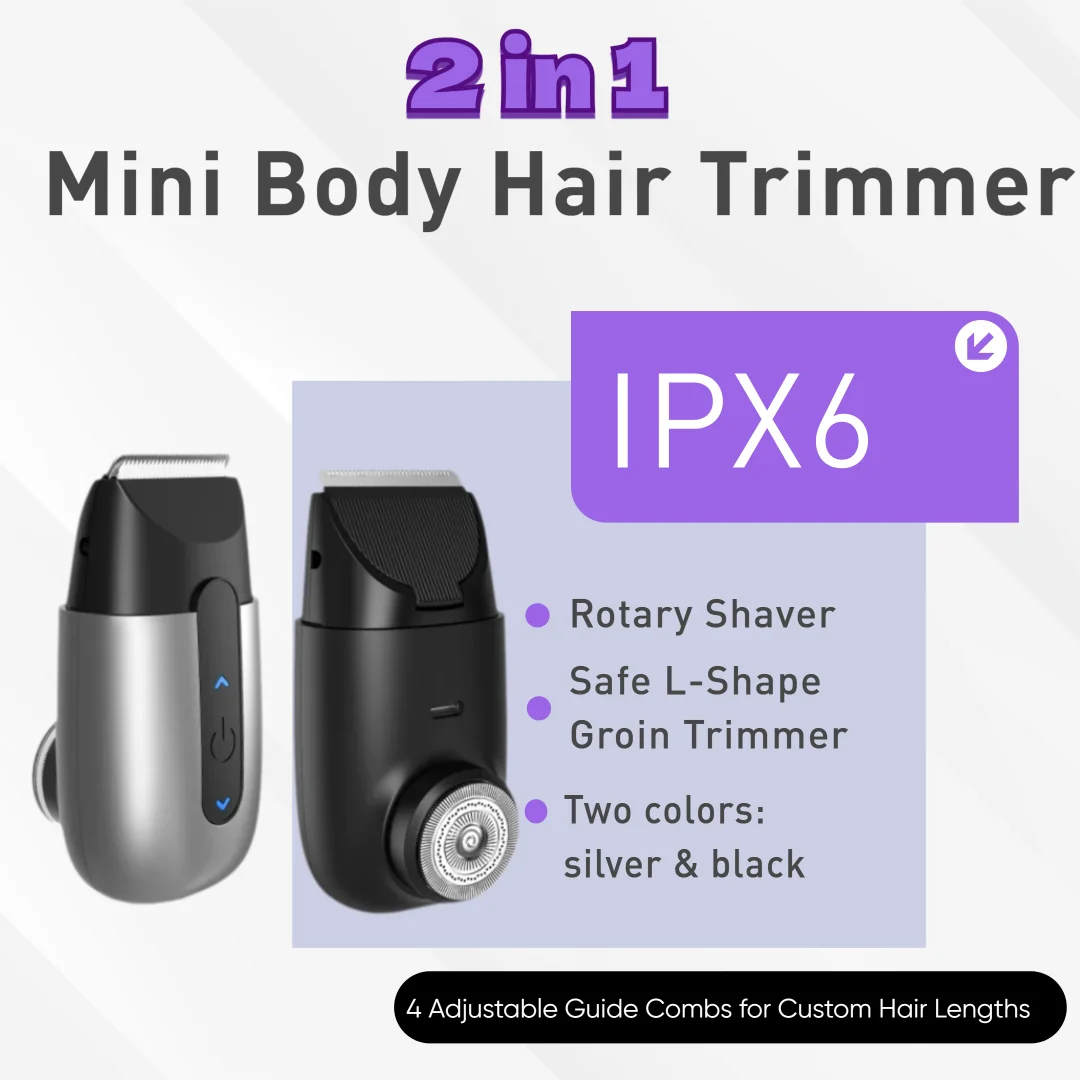 2 in 1 Mini Body Hair Trimmer, Rotary Shaver & Safe L-Shape Groin Trimmer