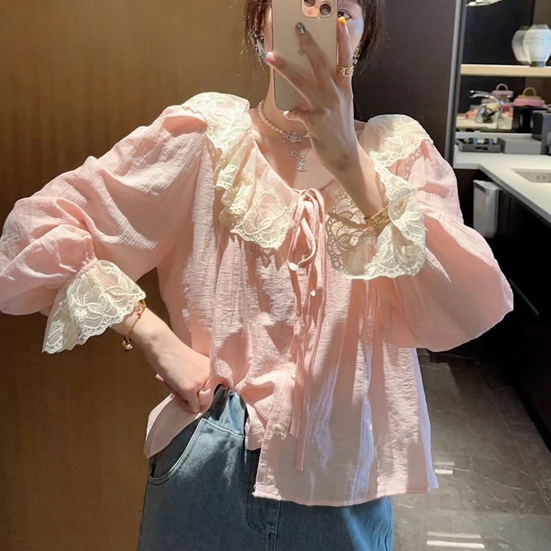 Lace Korean Women Shirt Pink Long Sleeve Top Female Autumn Peter Pan Collar Fashion Woman Blouse 2024 Ruffles Loose Clothes New