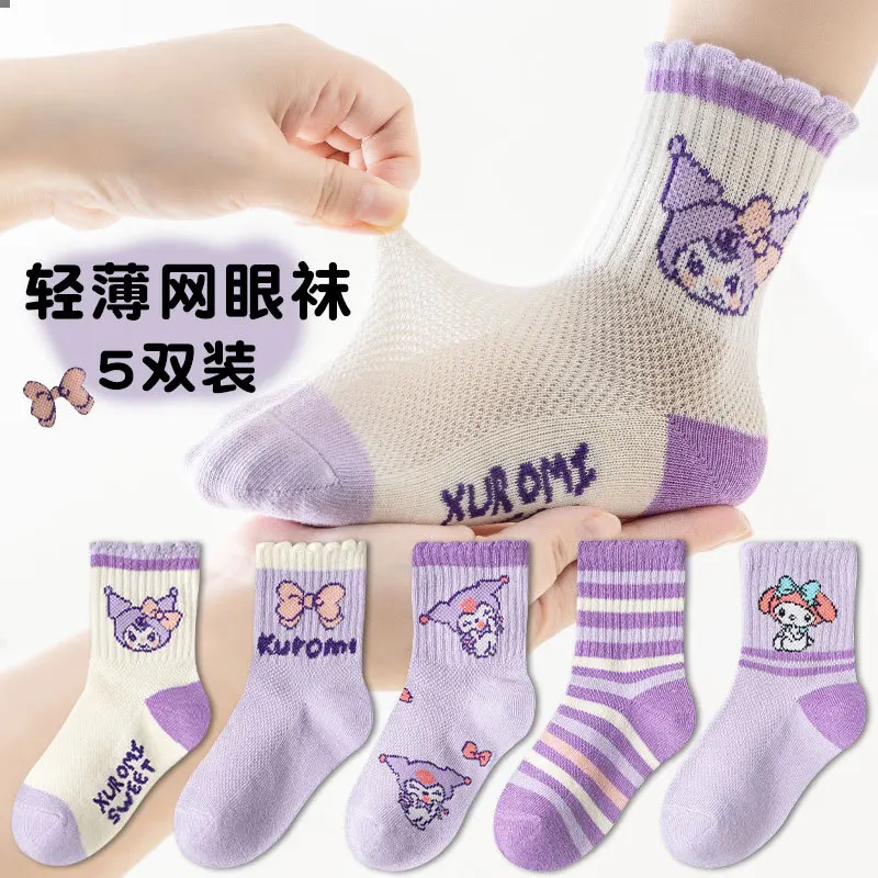 

5 Pairs Sanrio Children's Socks Spring and Summer Thin Mesh Breathable Kuromi Girls Socks Purple Movement Mid-calf Cotton Socks