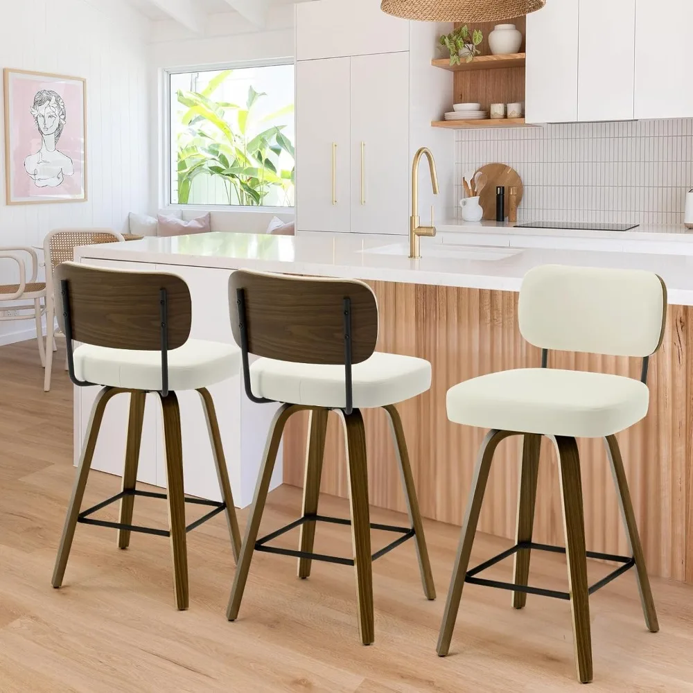 

Swivel Counter Height Bar Stools Set of 3, 26" Upholstered Faux Leather Barstools with Back and Bent Wood Legs, Customized