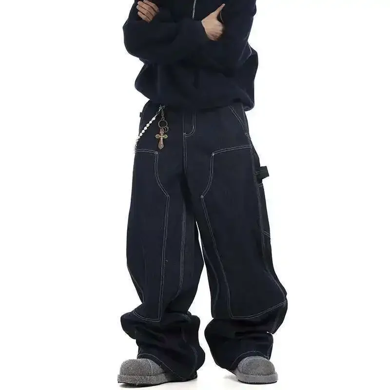 

2025 нишевые темно-синие джинсовые силуэты в стиле хип-хоп, мешковатые джинсы, американские свободные широкие брюки со шлейфом, мужские брюки Tide 28W5905