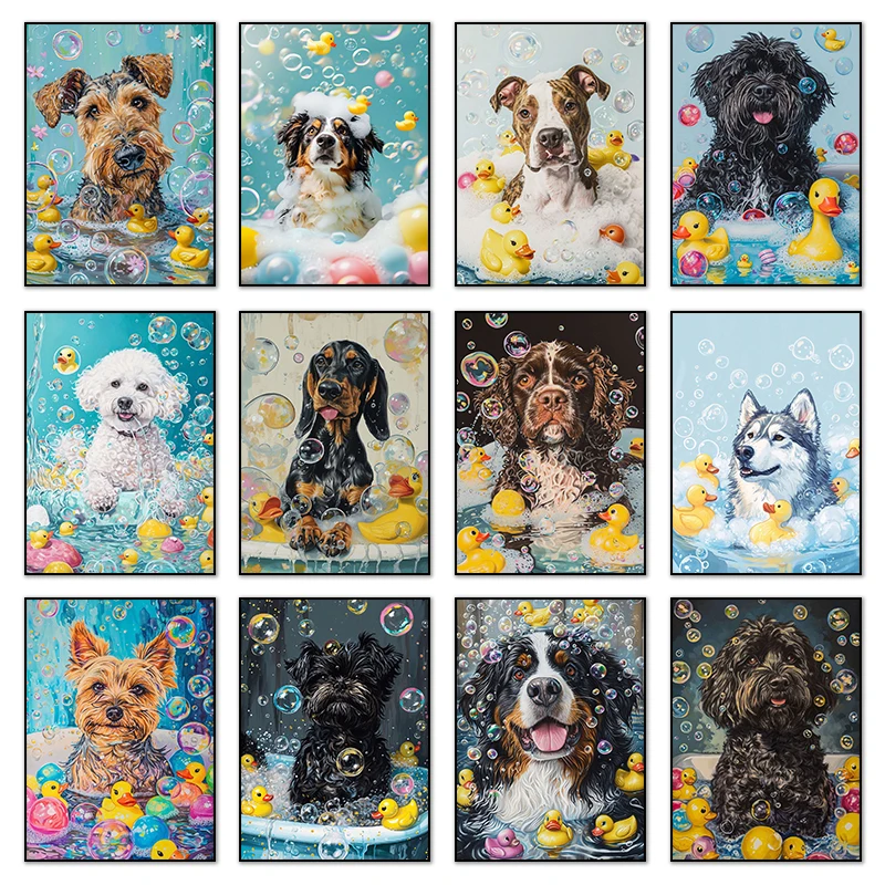 Funny Animal Bathing Posters Dogs HD Pictures Canvas Paintings And Prints Wall Art For Bathroom Washroom Decor Frameless Gift
