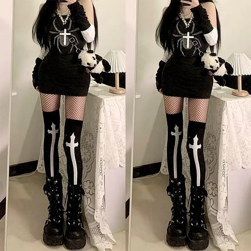 Japanese Harajuku Long Socks Festival Party Cross Cosplay Black Stockings Dark Gothic Y2K Knee Thigh Socks for Women's Skirts image 5