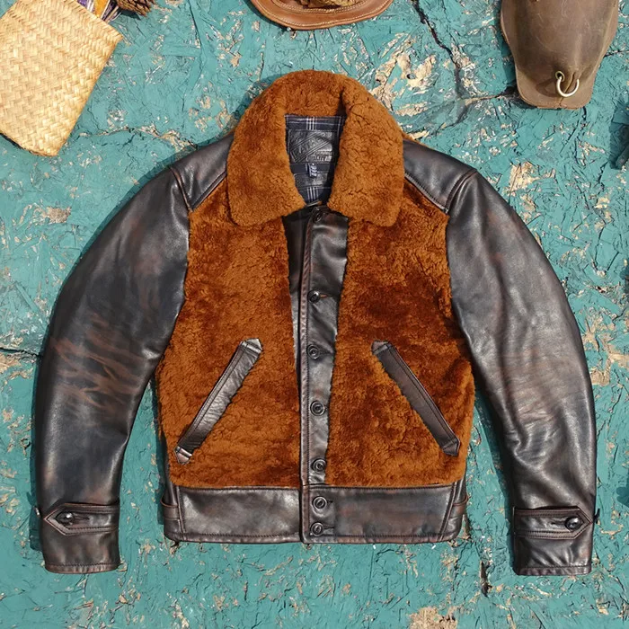

Genuine Leather Brown Bear Jaet Tannery Tea Core hide Top Layer eepskin Fur Inteated Men's Warm Zipper Coat