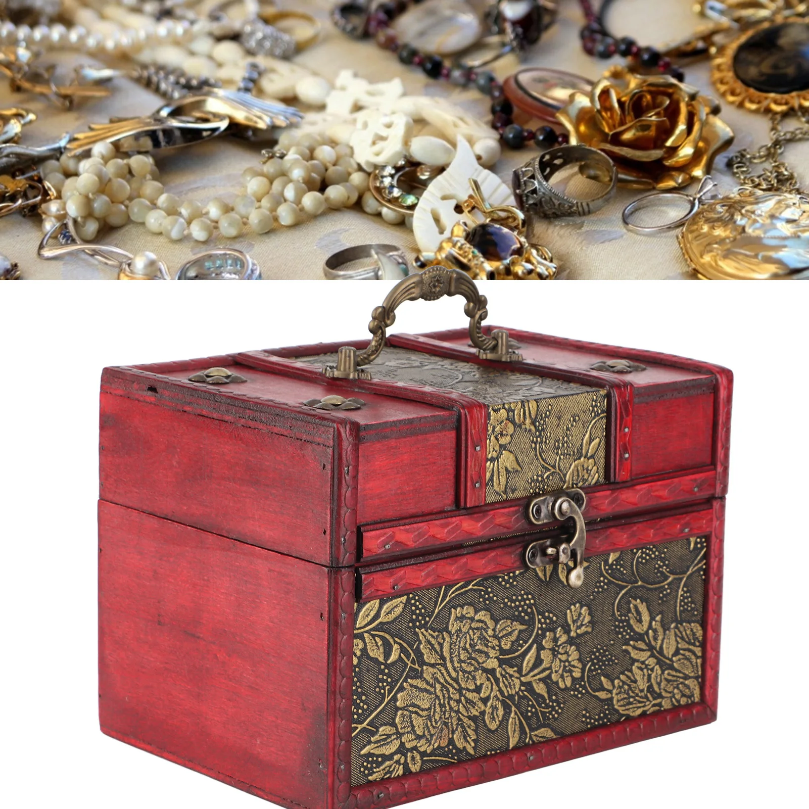 【HEISS】Schmucketui, Schmuckschatulle, Organizer-Etui, tragbar, aus Holz, Pu-Schmuck-Display, Aufbewahrungskoffer für Schmuck