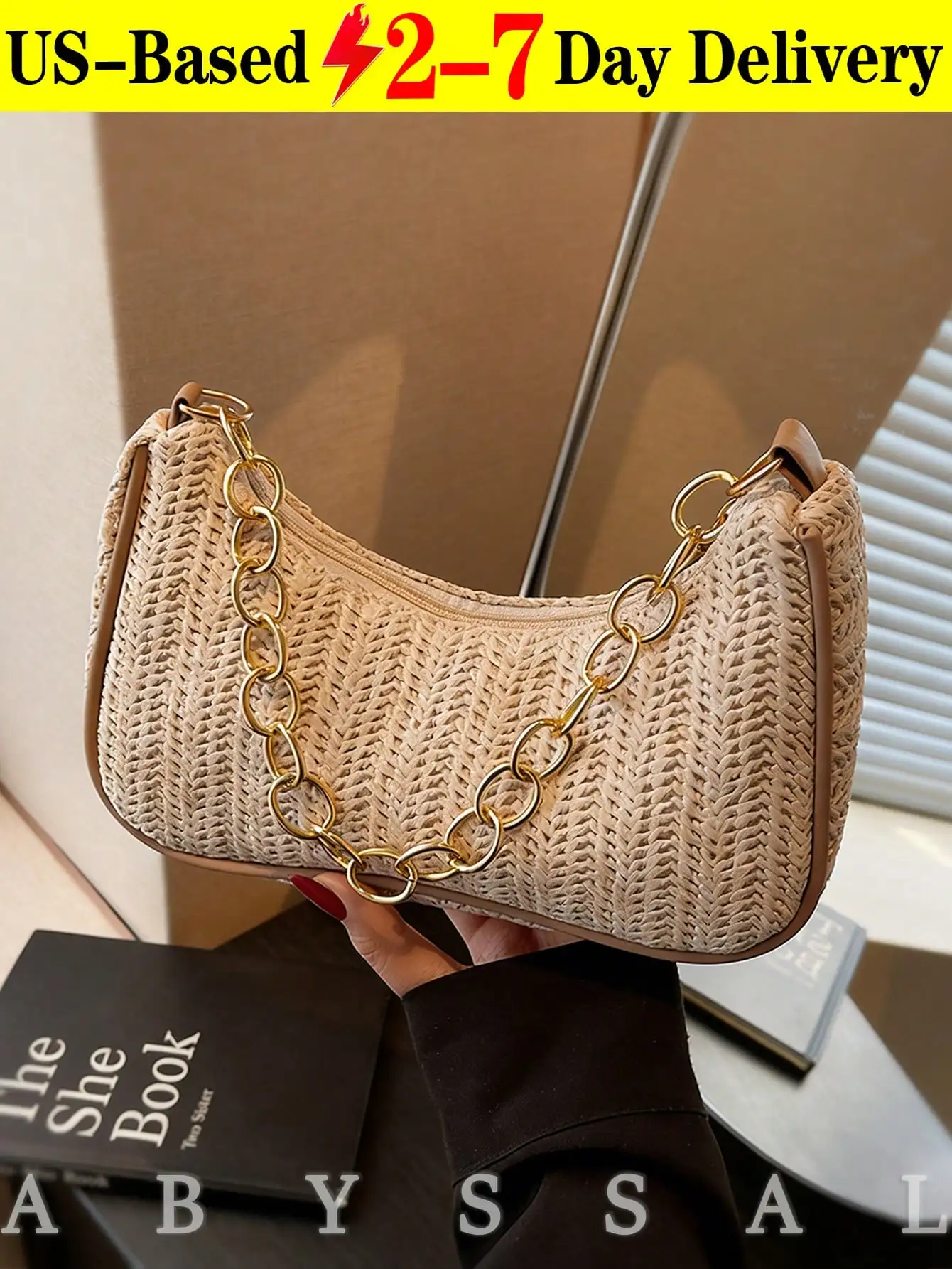 

Fashionable Solid Color Woven Moon Shaped Women's Bag With Metal Chain Strap, Can Be Used As Handbag, Shoulder Bag, Tote Bag, Beach Bag, Casual Woven Bag, And Cell Phone Bag, 2026 New Woven Straw Bag - Boho Chic Crossbody & Top Handle Purse, Lightweight R