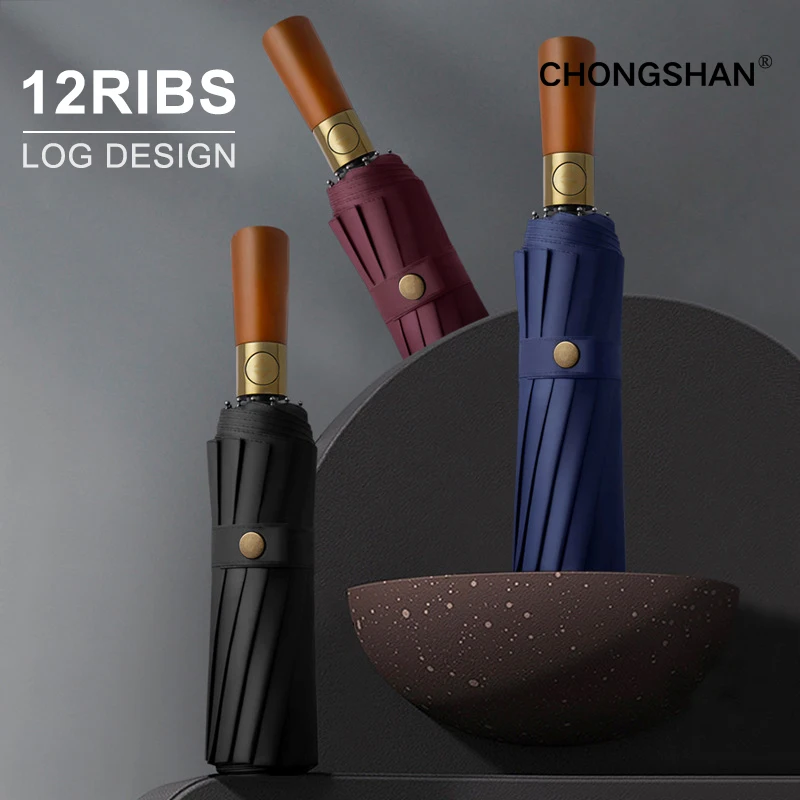 UV Umbrella for Men Women 12Ribs Wooden Handle Automat Umbrella Windproof Fold Strong Vinyle Business Luxury Travel Accessories