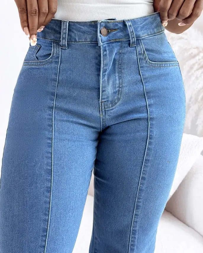 Women Jeans Personalized Street Style Fashion Seam Front High Wait Straight Leg Denim Pants Casual Zipper Fly Jeans with Pockets