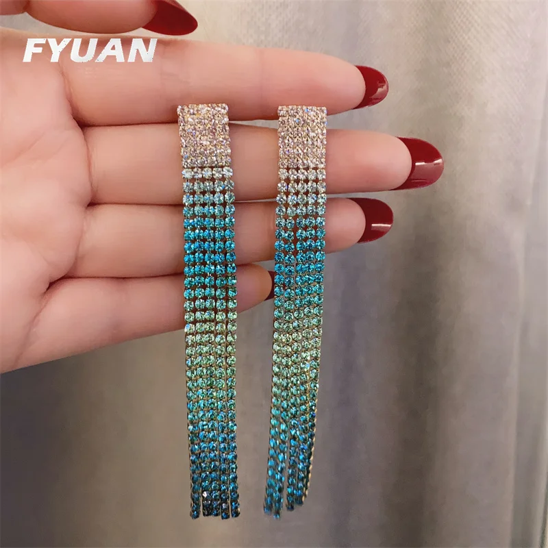 FYUAN Long Tassel Drop Earrings for Women Green Rhinestone Dangle Earrings Fashion Jewelry Accessories