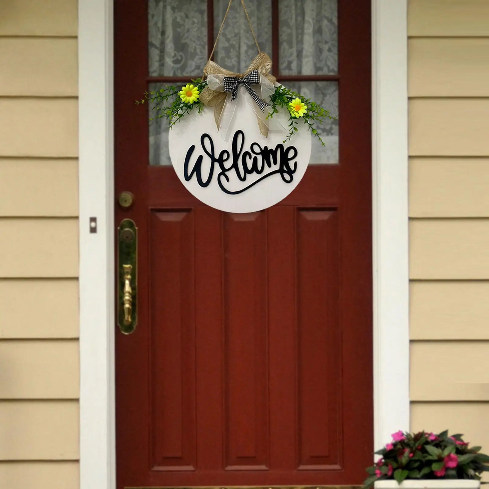 لافتة باب الترحيب، زخرفة شماعة الباب الخشبية، لافتة معلقة على الحائط مع فيونكة، لوحة زخرفية لمدخل الشرفة وديكور المنزل