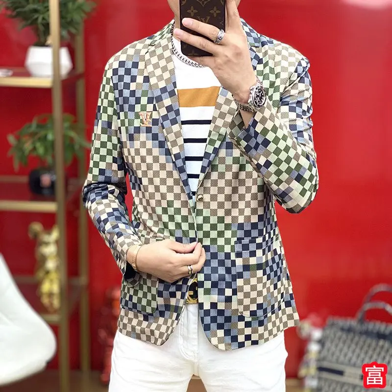 3-A22 2024 fashion spring and autumn new mosaic light luxury camouflage sm fit plaid trendy men's single suit jacket