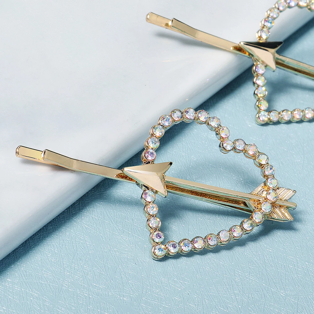 

2Pcs Rhinestone Hair Clips Luxurious Heart Decor Banquet Wedding Accessories Metal Gold Women Barrette Pins Easy Wear