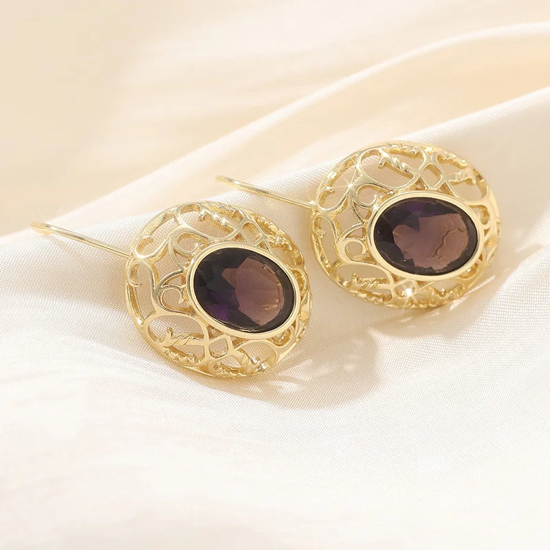 Elegant Oval Cubic Zircon Drop Earrings For Women Gold Plated Aesthetic Hollow Pattern Earrings Vintage Fine Lady Jewelry