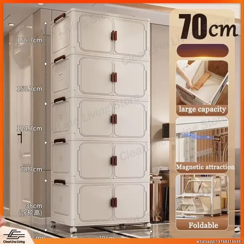 5-Tier Stackable Storage Cabinet with Doors Rolling Wheels Dustproof Waterproof Home Organizer Living Room Storage Unit